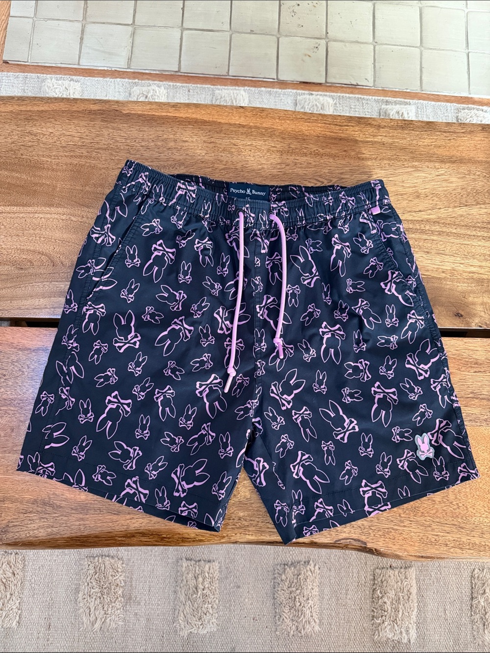 Psycho Bunny Black Swim Trunks with Pink Bunny Print Size Small